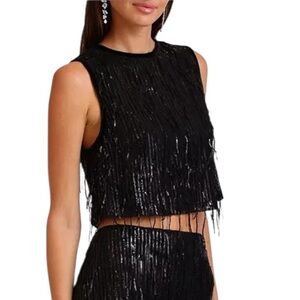 NWT AVEC LES FILLES Women’s Sequin Fringe Tank Top In Black Size S